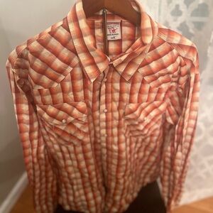 True Religion Men's Orange and White Plaid Shirt